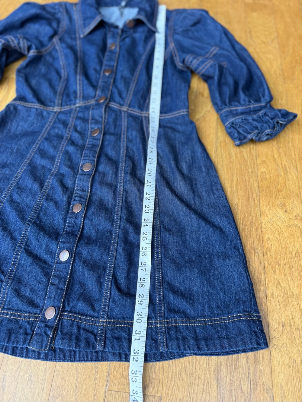 Anthropologie Button-up, Collared 3/4 Puff Sleeve Mini Blue Jean Dress Size 8 - Picture 5 of 12